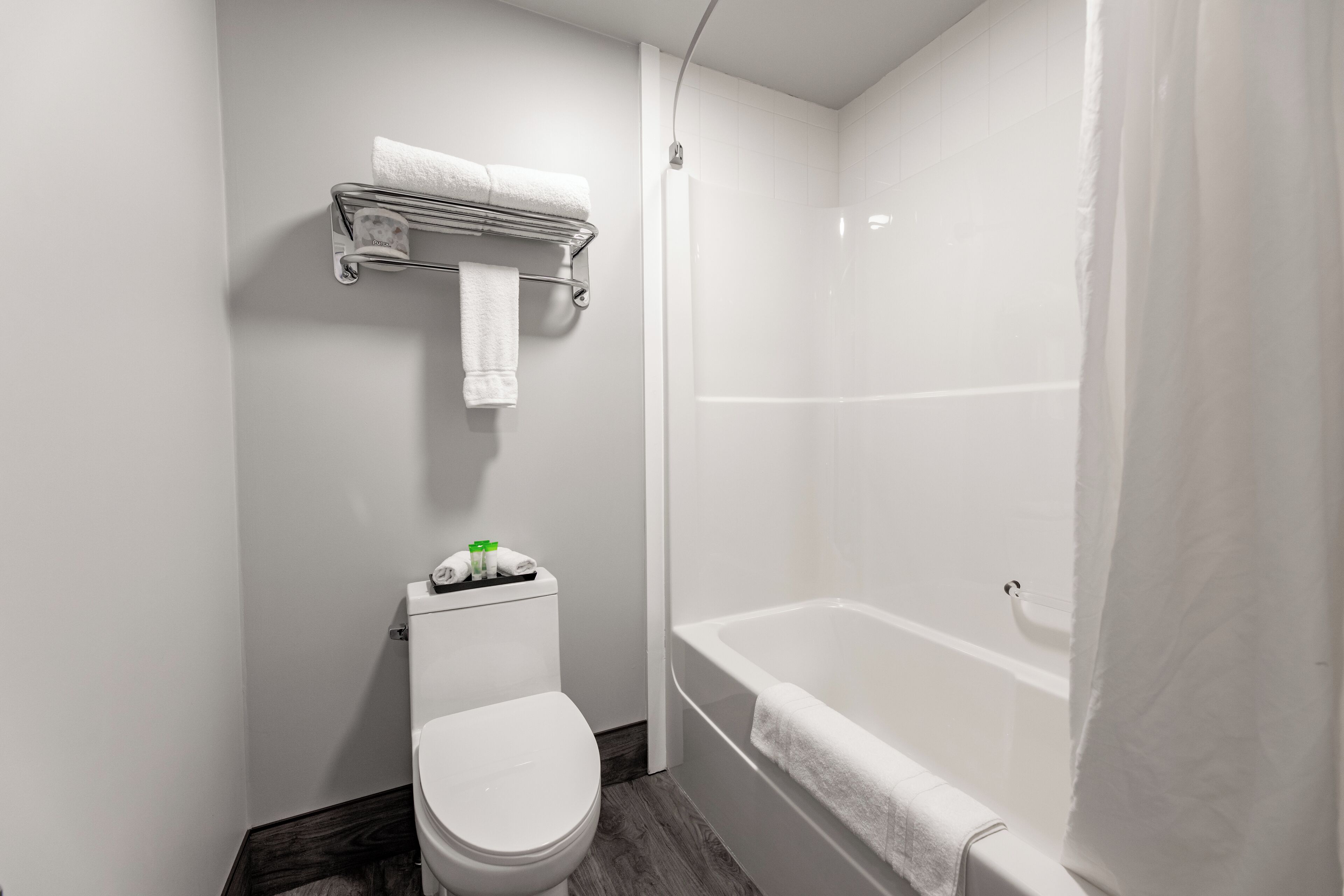 Une salle de bain moderne équipée de toilettes, d’un porte-serviettes et d’une baignoire.