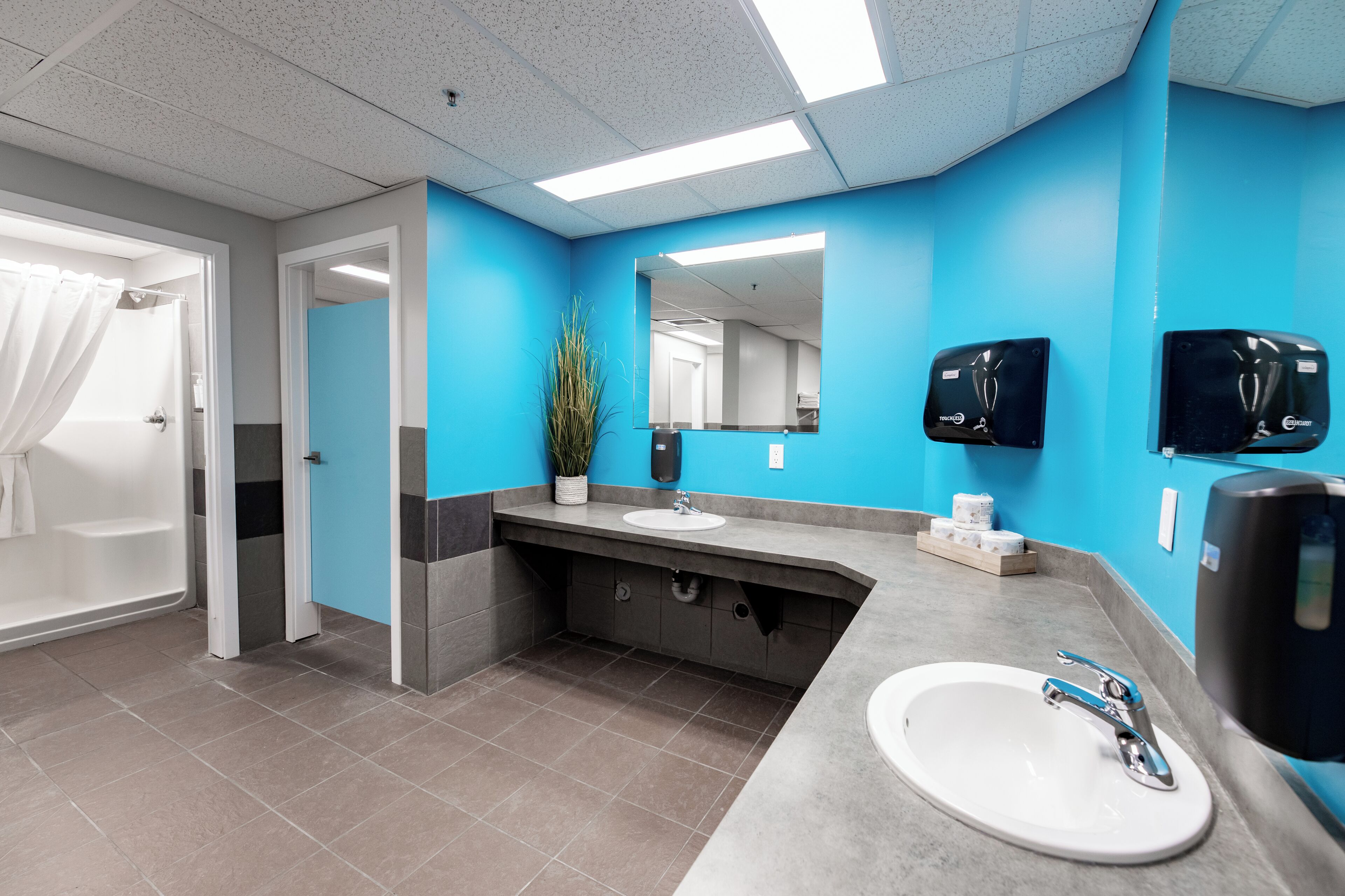 Un baño moderno con una pared azul de acento, un lavabo blanco, un espejo y dos dispensadores de toallas de papel.