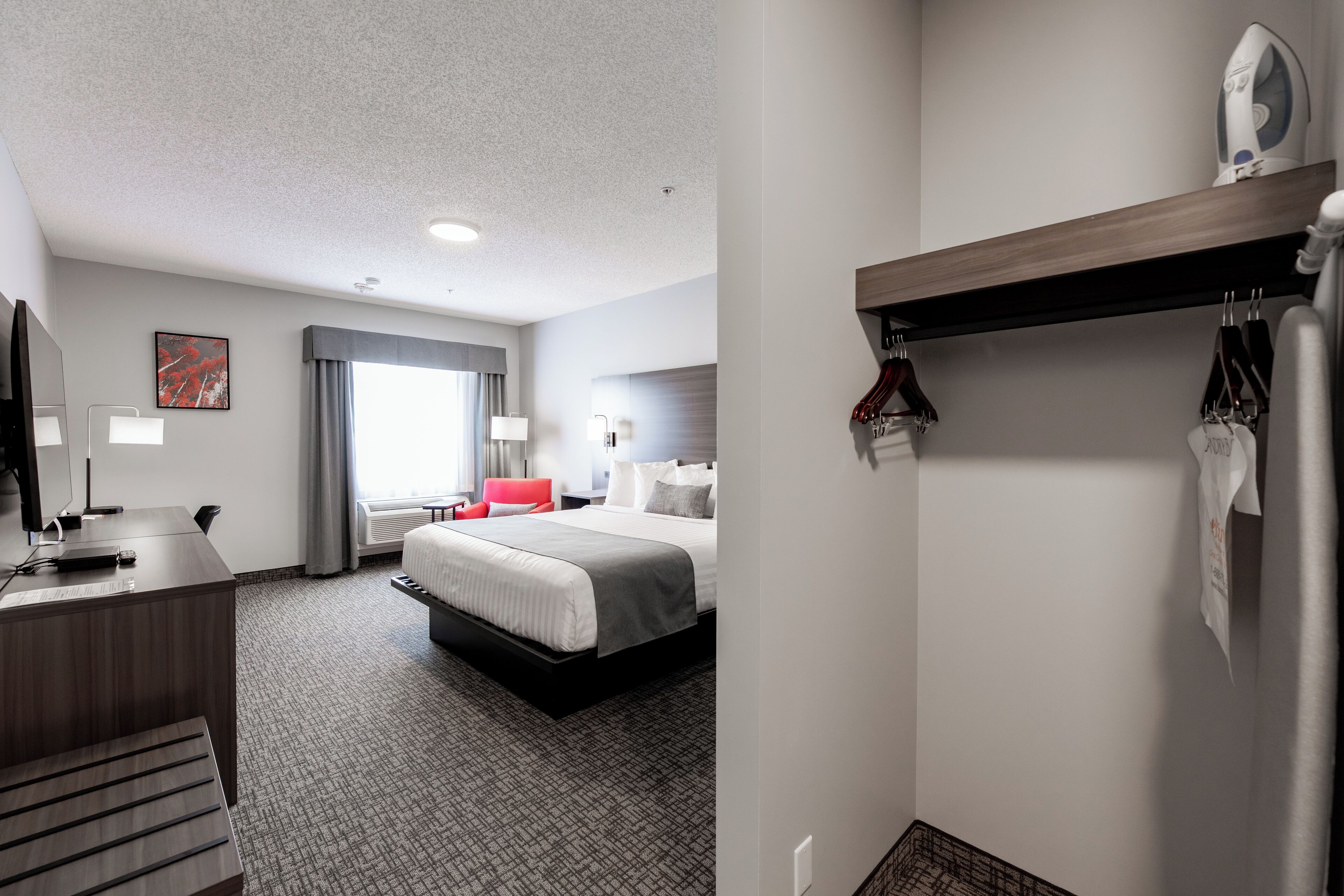 A hotel room with a bed, desk, and a hanging coat rack.
