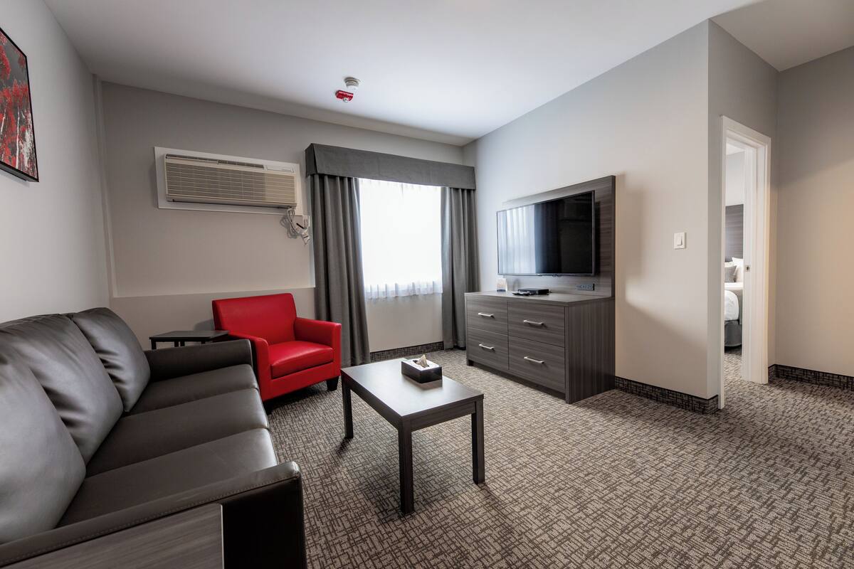 A hotel room with a leather sofa, a red armchair, a small table with a tissue box, a TV, and a grey dresser.