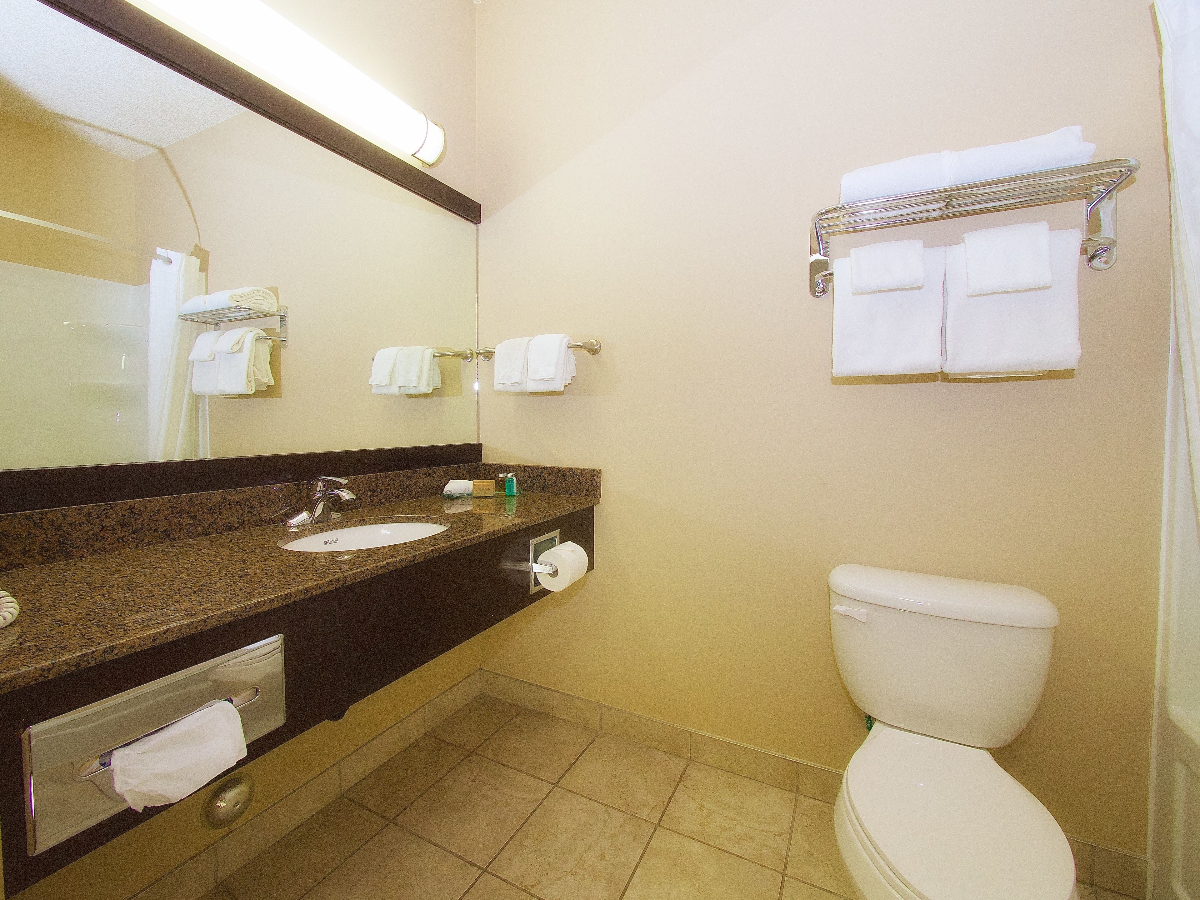 Une salle de bain équipée d’un lavabo, d’un miroir, de toilettes et d’un porte-serviettes.