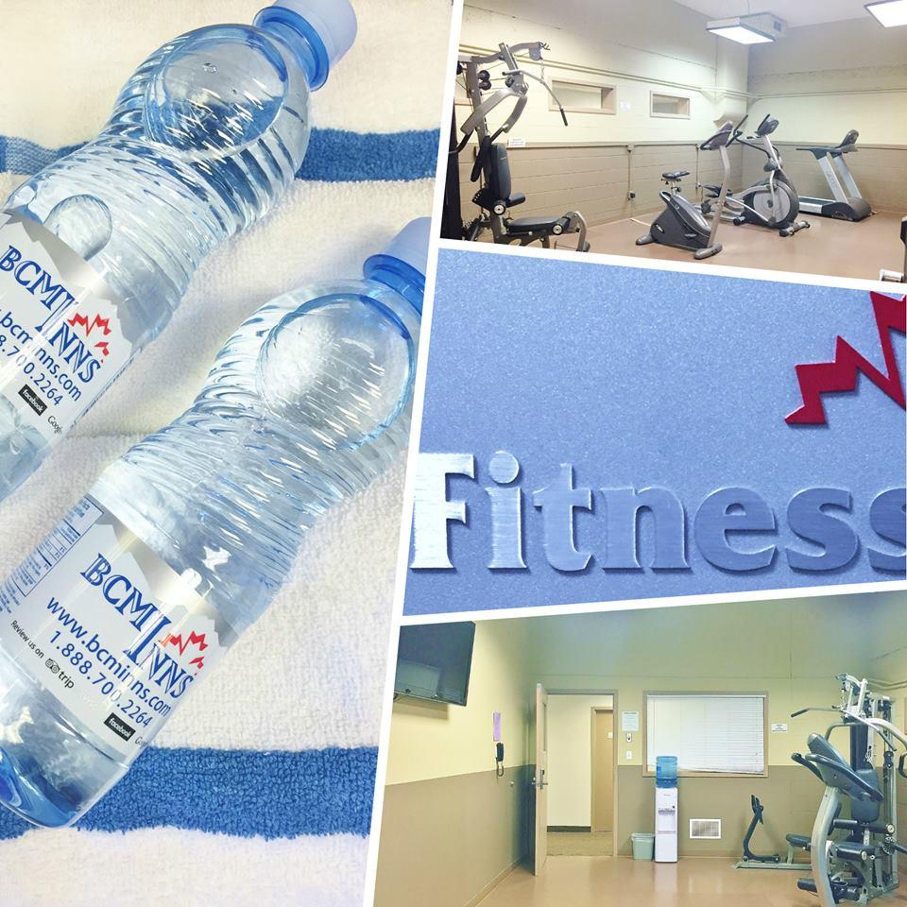 Un gimnasio con equipo de ejercicios, una botella de agua y un cartel con el nombre del centro.