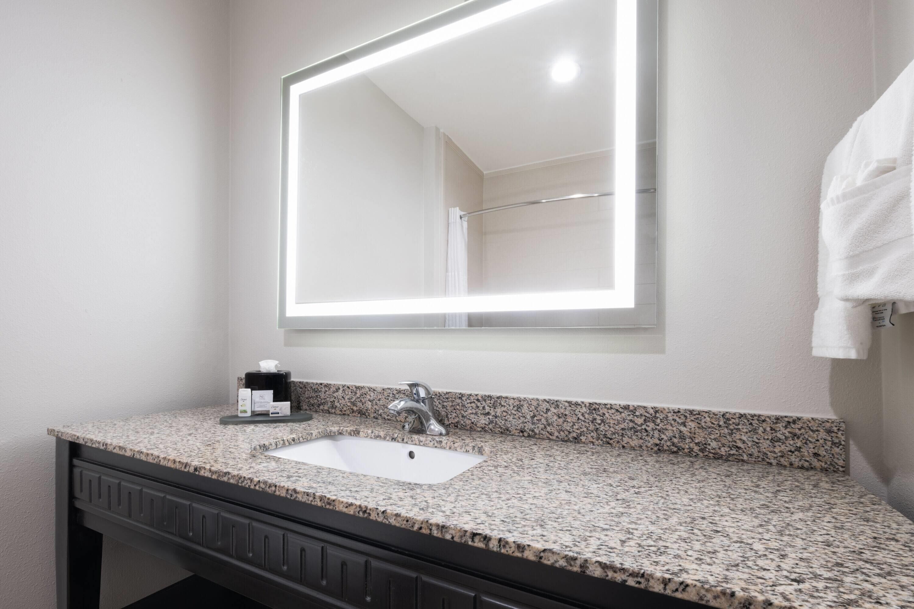 combined shower/bathtub, free toiletries, hair dryer, towels