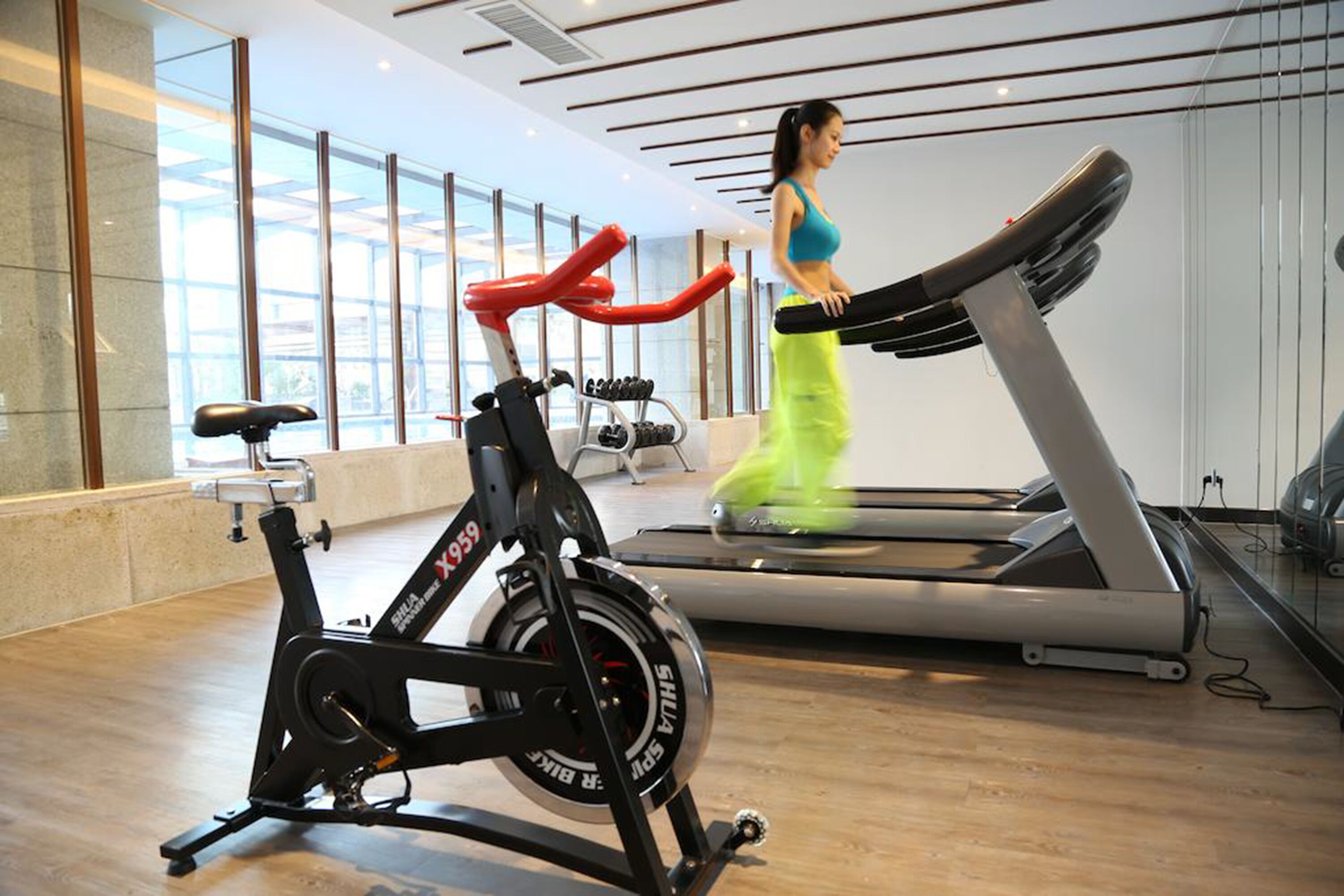 A gym with cardio equipment, including a stationary bike and treadmills.
