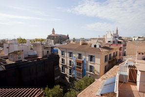 A cityscape with a prominent church, terracotta-roofed buildings, and a mix of residential and commercial structures.