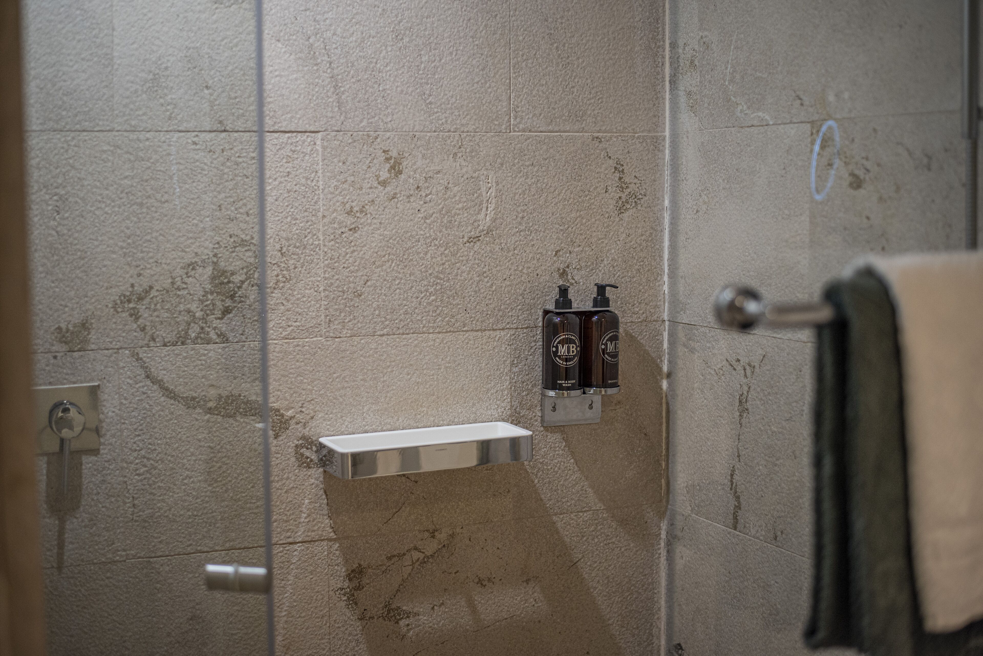 Ein Badezimmer mit einer Duschkabine aus Glas, einem weißen Handtuchhalter und zwei Shampooflaschen auf einem an der Wand befestigten Regal.