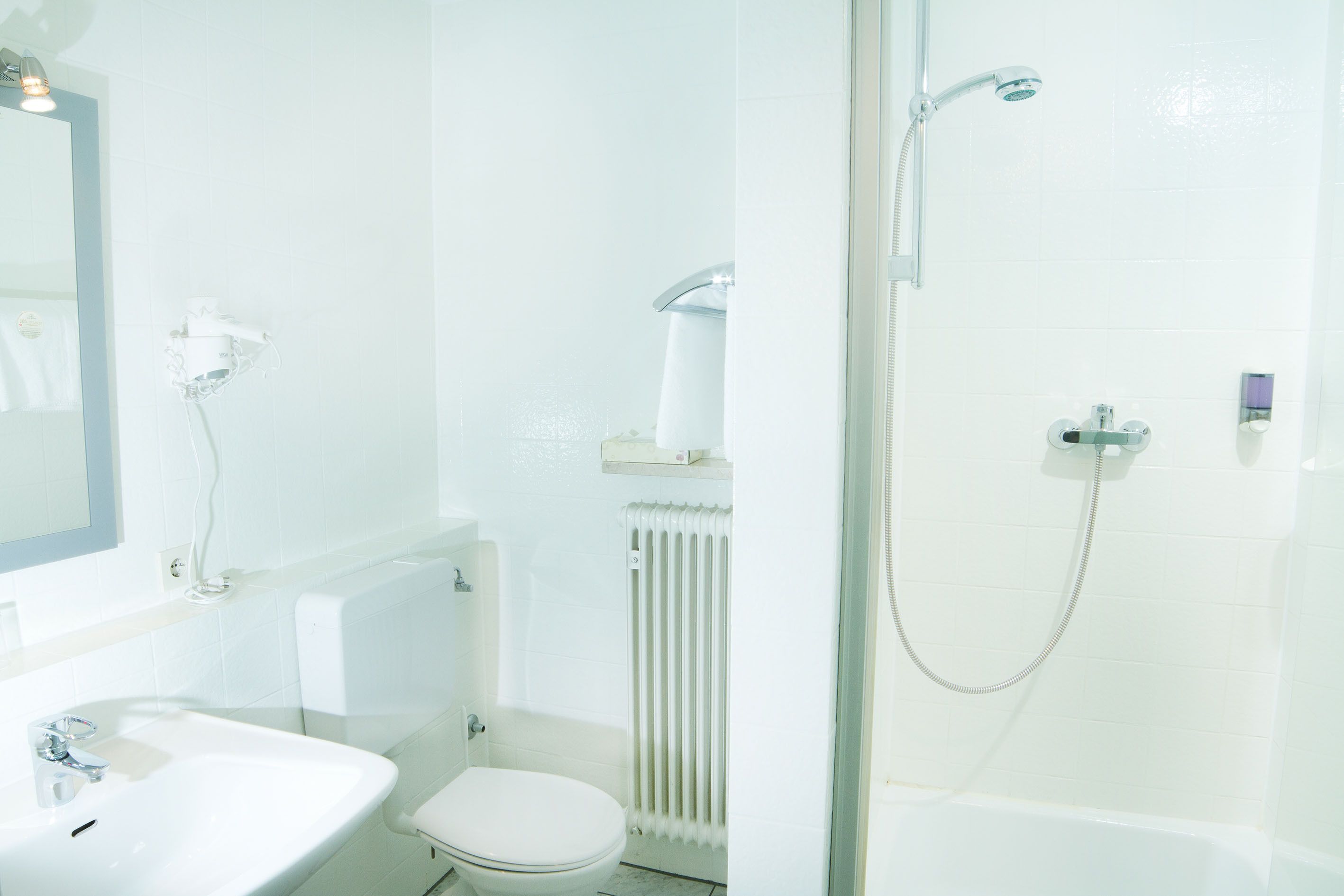 standard single room | bathroom | shower, hair dryer, towels