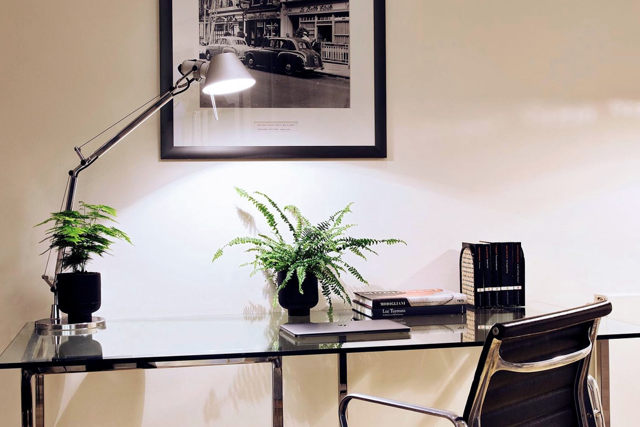 Un bureau moderne avec une lampe, deux plantes en pot, une photographie encadrée et une chaise.