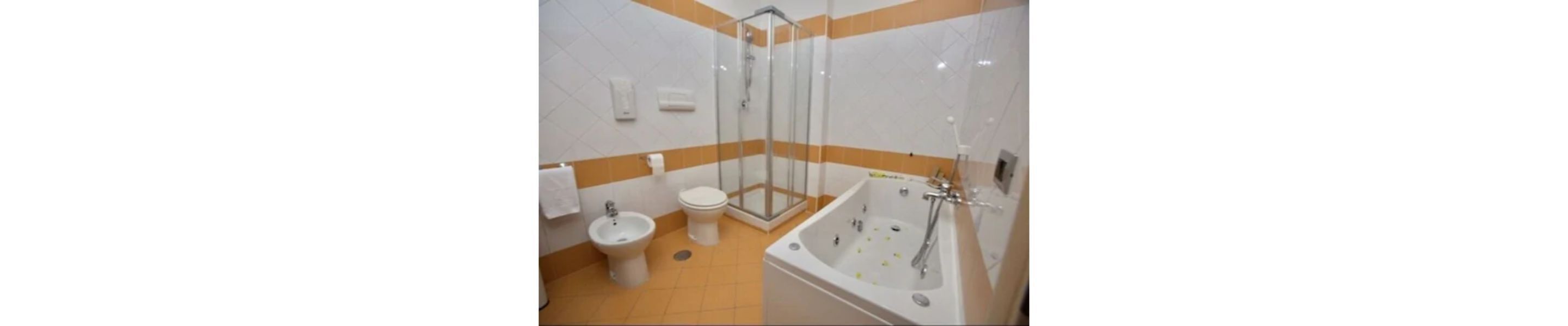 Et badeværelse med bruser, toilet og vask.