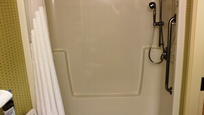 Een douchecabine met een glazen deur, een handdouche en een douchekop aan de muur.