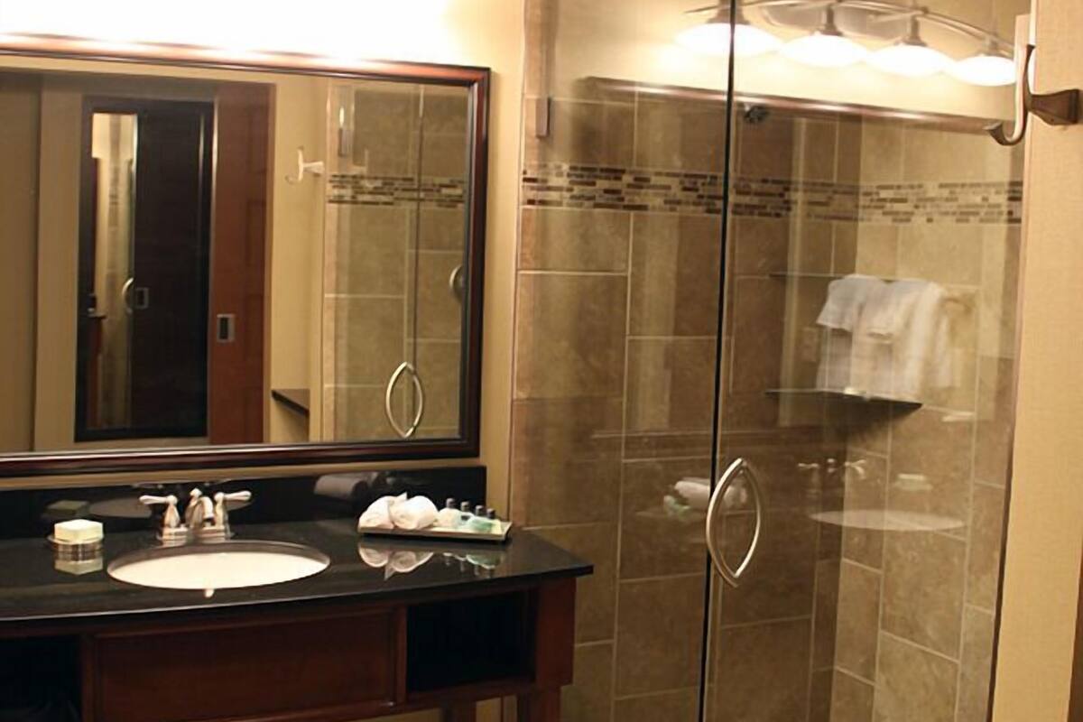 shower, designer toiletries, hair dryer, towels