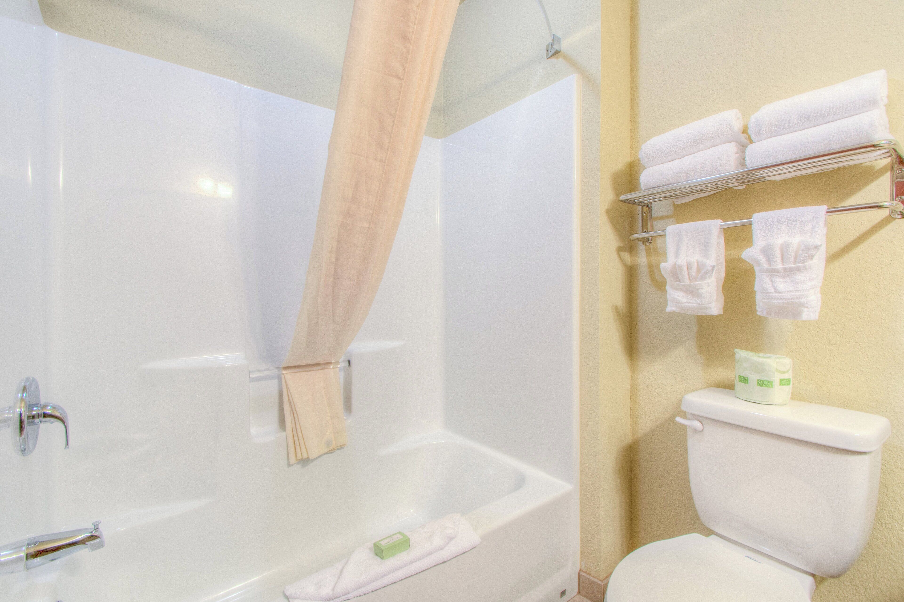 combined shower/bathtub, free toiletries, hair dryer, towels