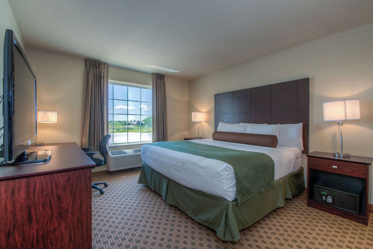 A hotel room with a bed, a desk, a TV, a lamp, and a view of the outdoors.