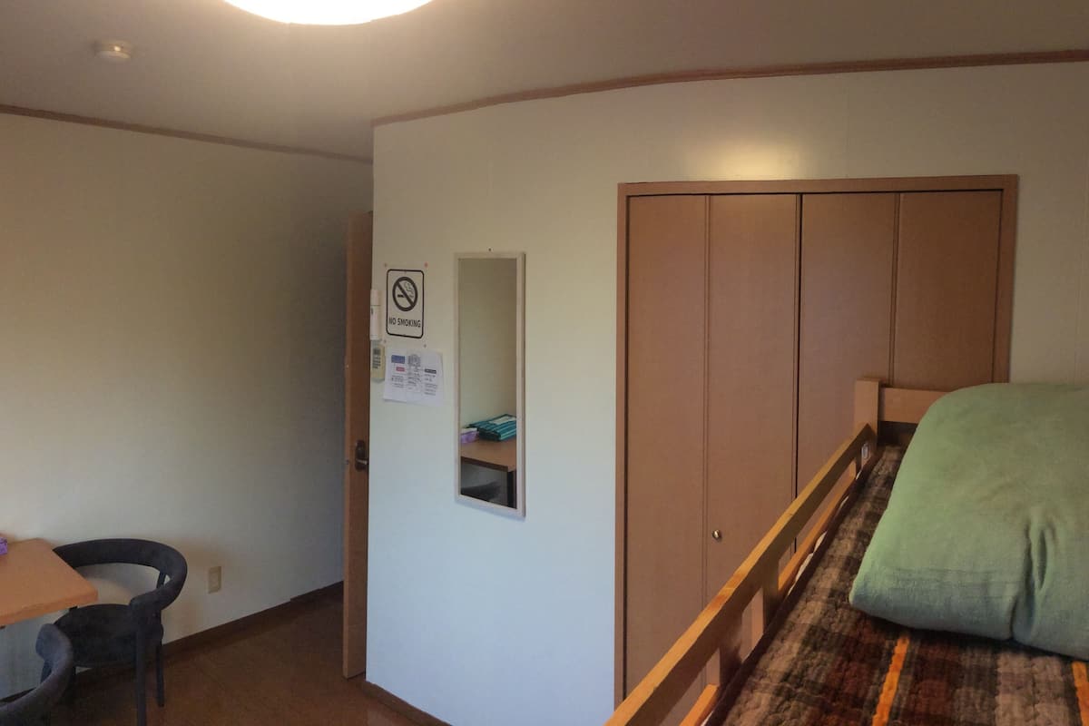 A small, single-bed room with a wooden wardrobe, a desk with a chair, and a 'No Smoking' sign on the wall.