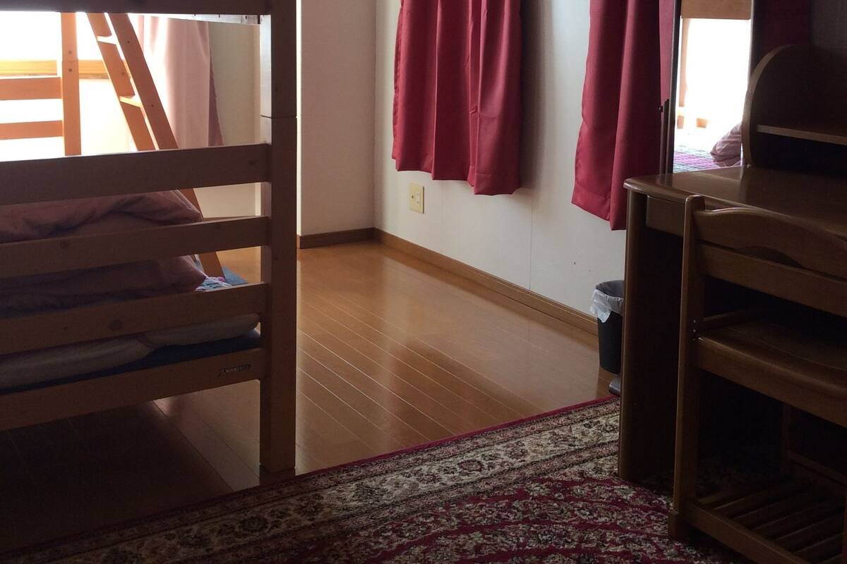 A room with a bunk bed, a desk, a chair, a rug, and two windows with red curtains.
