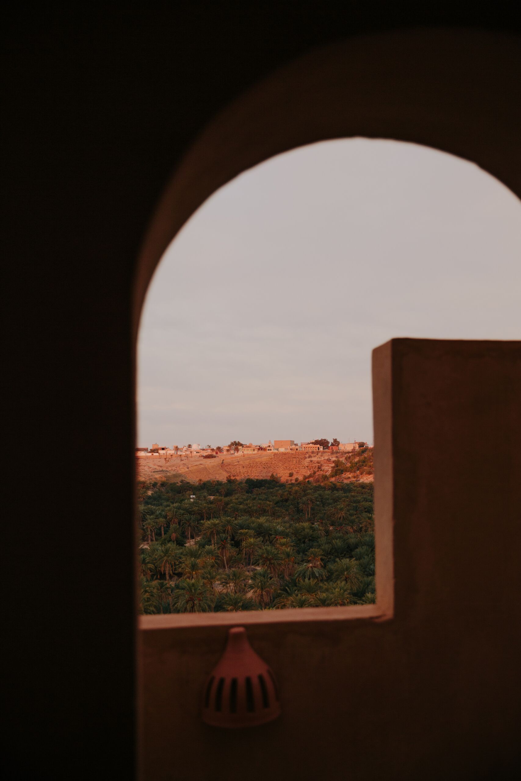 A view through an arched window of a landscape with greenery and distant buildings.