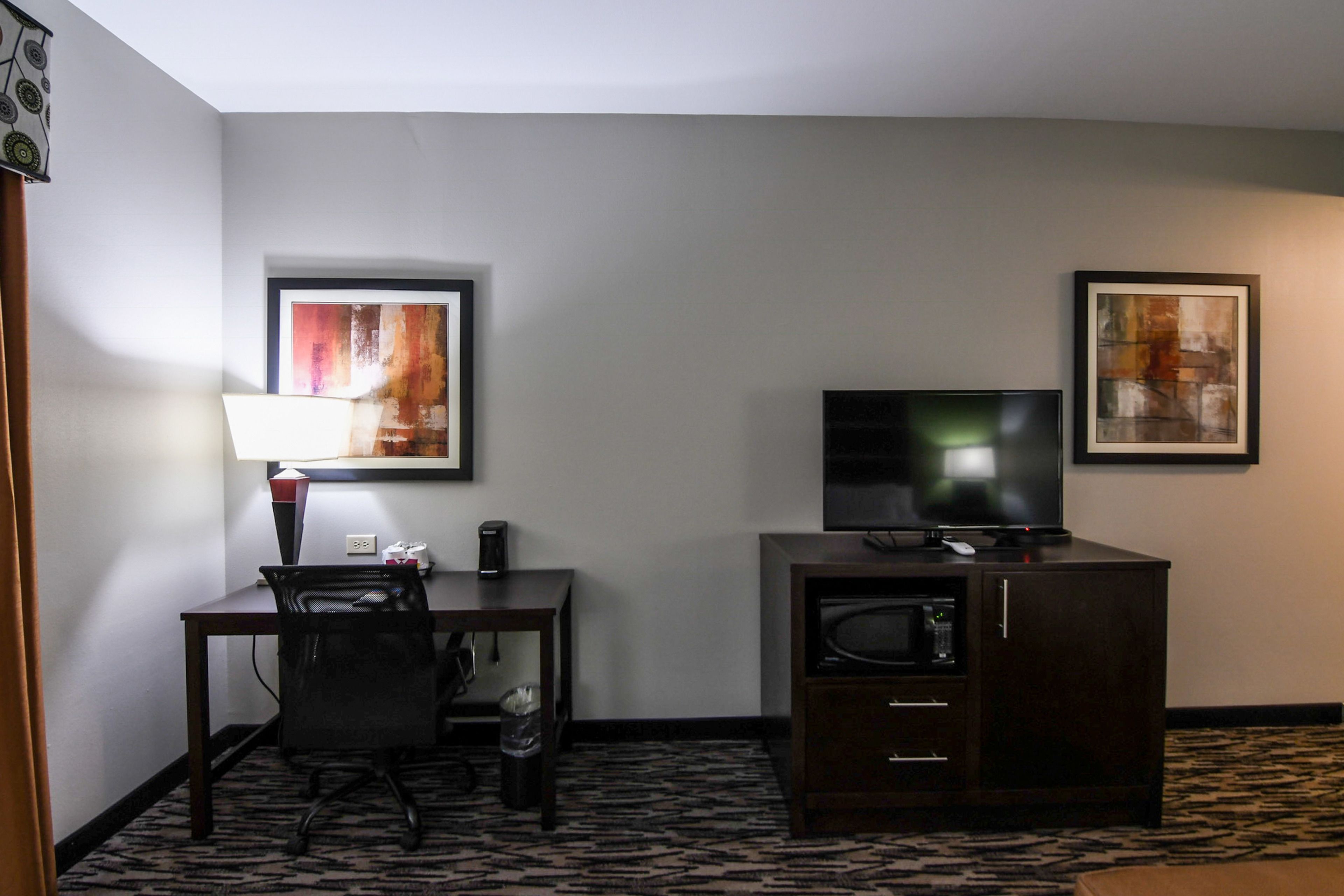 minibar, desk, laptop workspace, blackout curtains