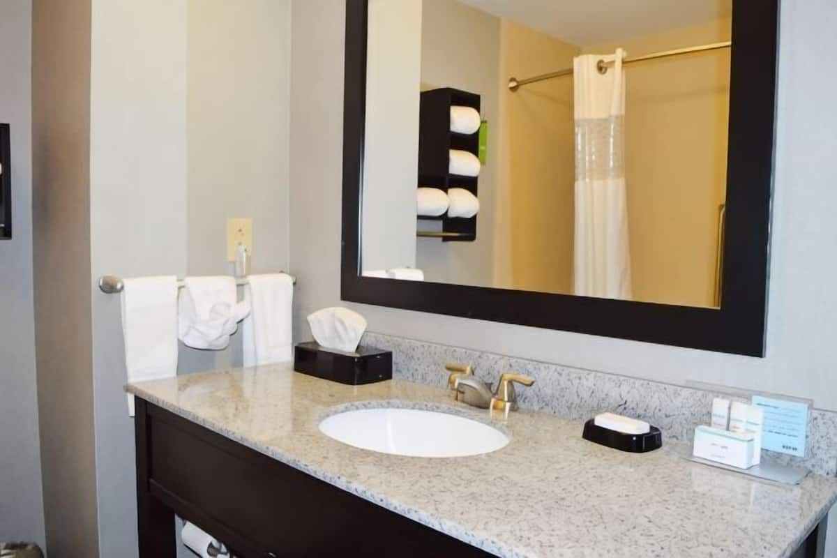 A bathroom with a sink, mirror, towel rack, and a shower curtain.