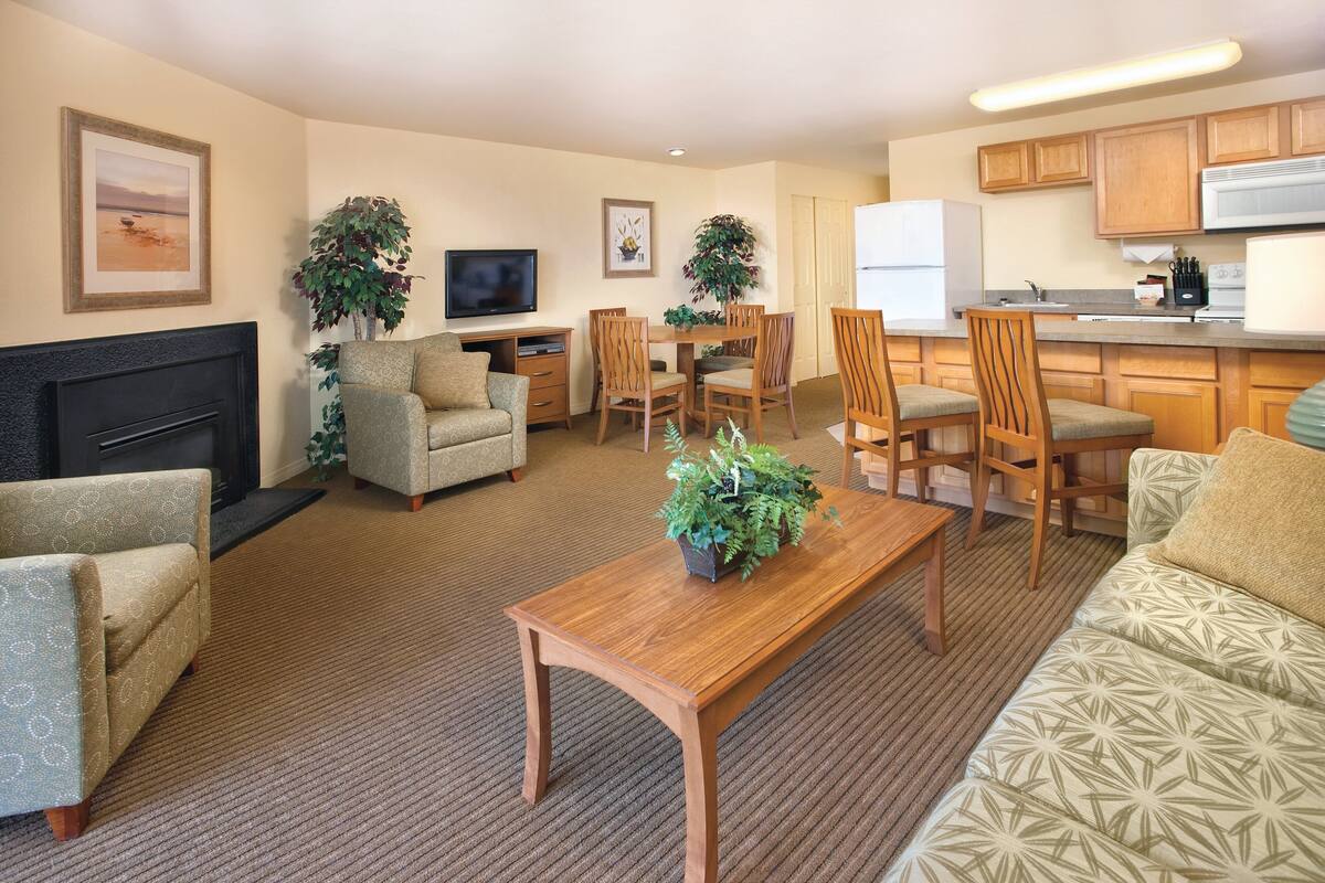LCD TV, fireplace, DVD player