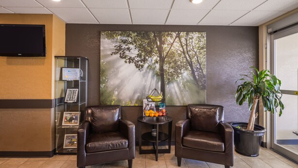 A reception area with two leather chairs, a small table with a basket, a potted plant, a wall-mounted TV, and a glass display case with framed pictures. - Chateau All Suites Hotel (Kindersley)