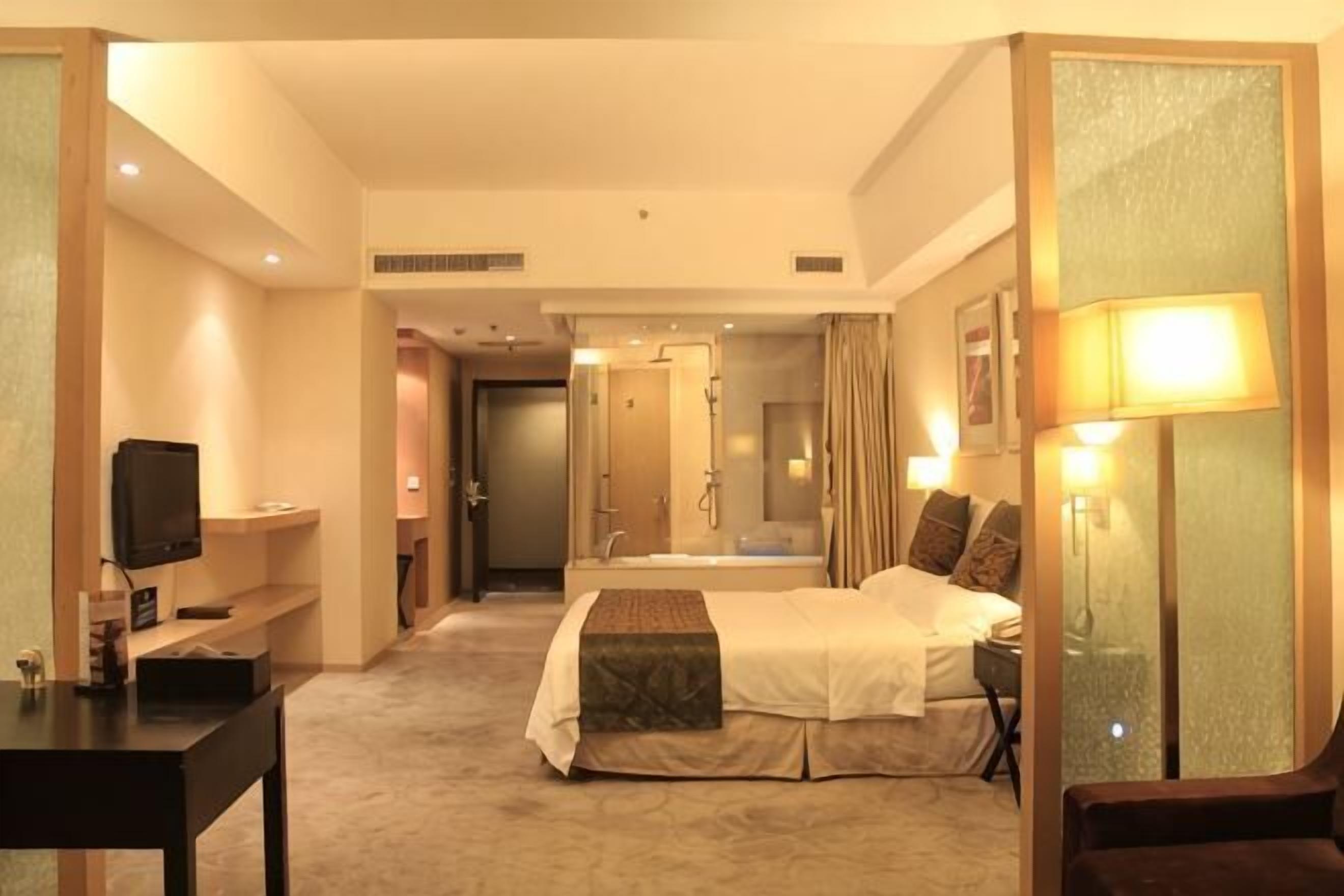 Camera d'albergo con un letto, comodino, televisione e bagno con doccia e specchio.
