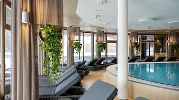Indoor pool, outdoor pool, pool umbrellas, sun loungers