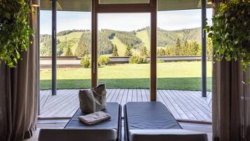 A room with two reclining chairs facing a scenic outdoor view of a forested hillside.