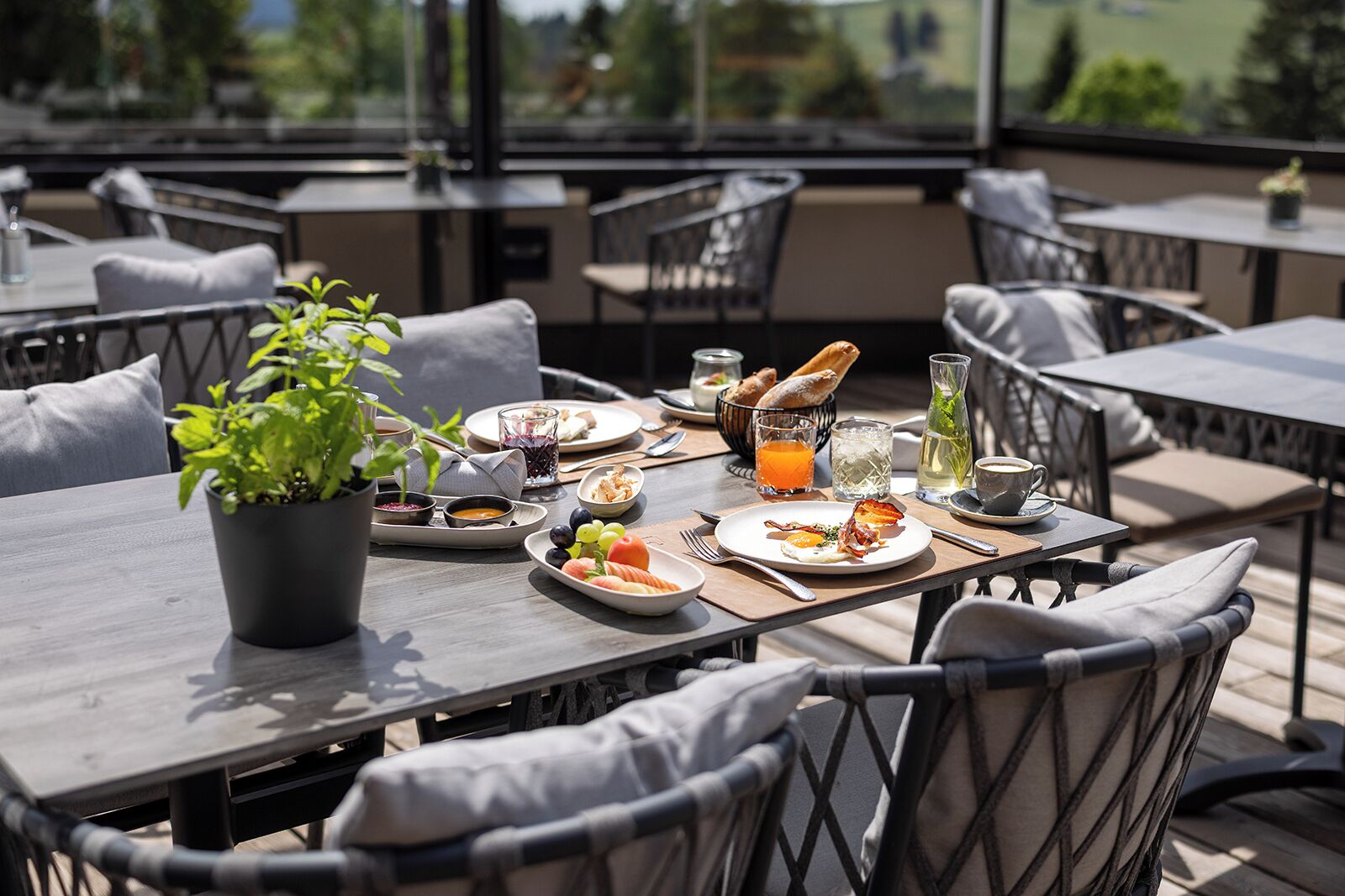 An outdoor dining area with multiple tables and chairs, a potted plant, and various breakfast items.