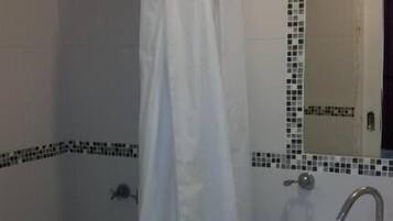 Rainfall showerhead, hair dryer, towels, soap