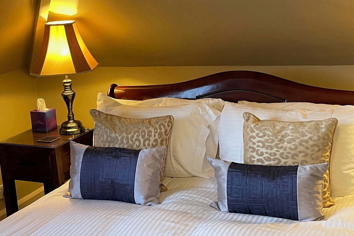 A neatly made bed with patterned pillows, a bedside lamp, and a tissue box on a nightstand.