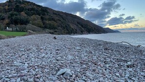 A pebbled beach with a mountain in the background and a cloudy sky.