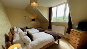 A bedroom with a bed, bedside tables, a dresser, a lamp, a TV, a radiator, and a window with curtains.
