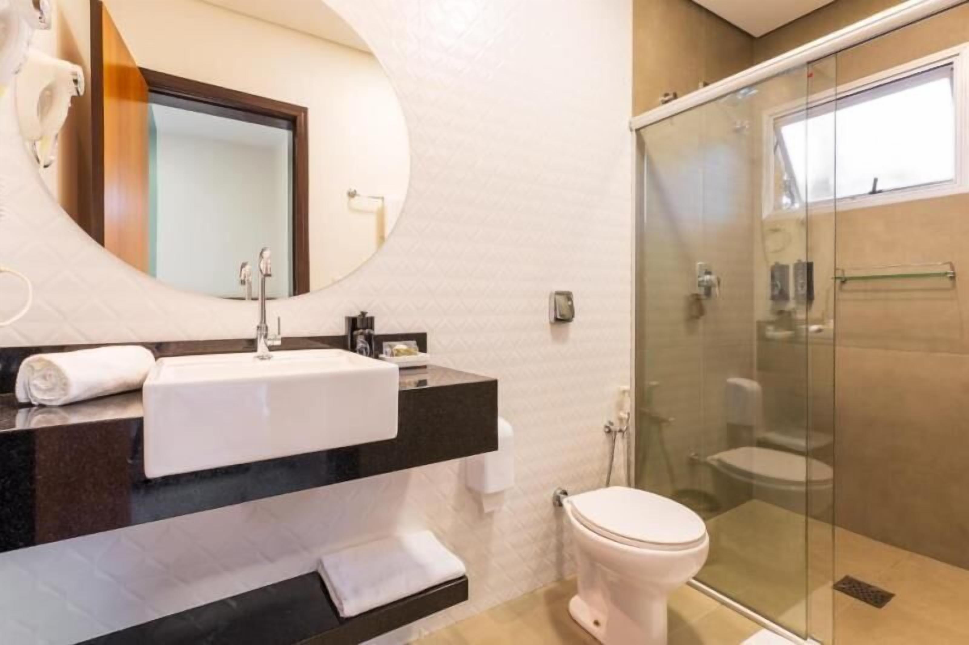 A modern bathroom with a large mirror, a white sink, a glass shower enclosure, and a toilet.
