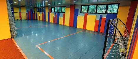 An indoor sports facility with a basketball court, goal net, and padded walls.