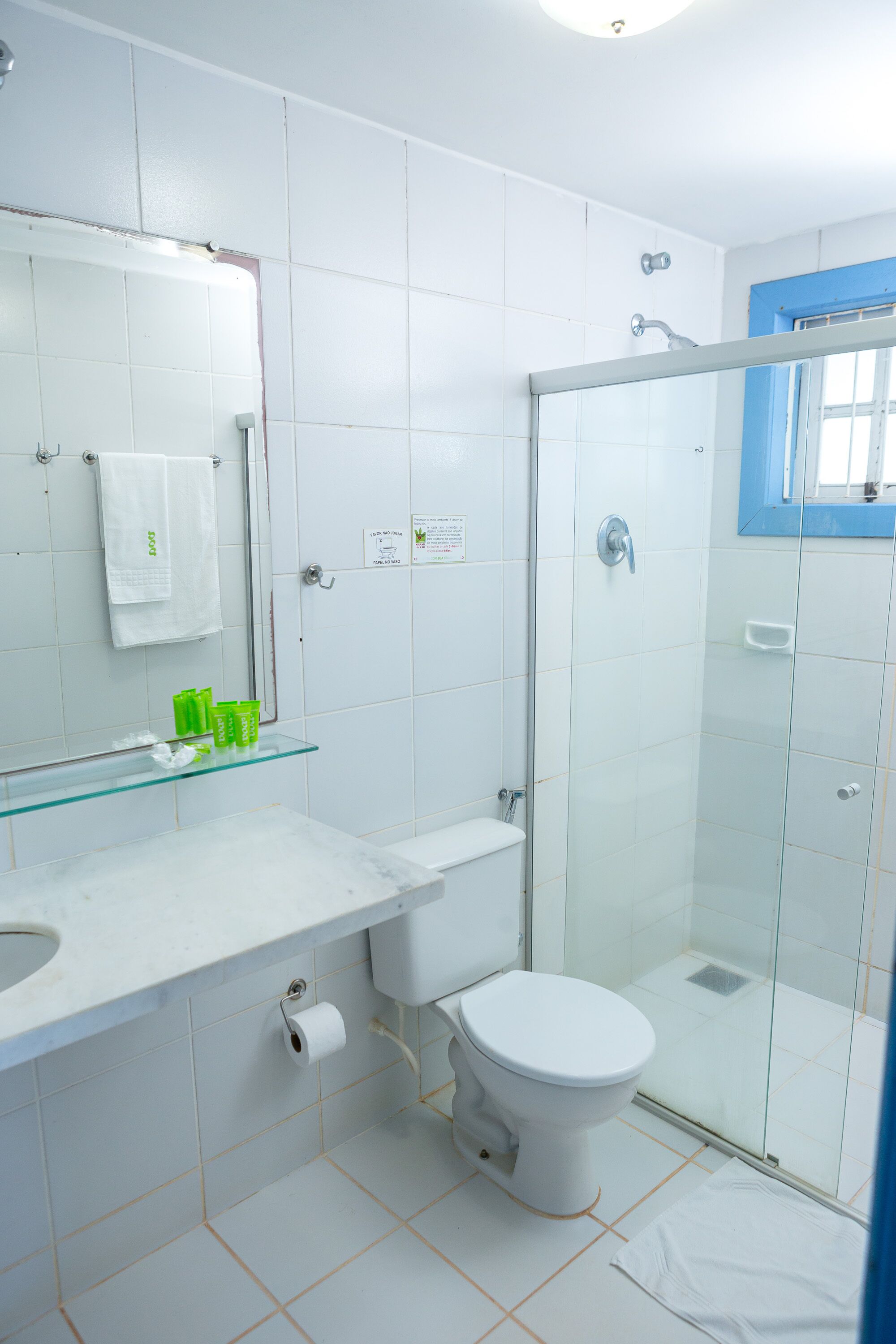 Un baño moderno con cabina de ducha de vidrio, inodoro blanco y repisa de vidrio con artículos de aseo.