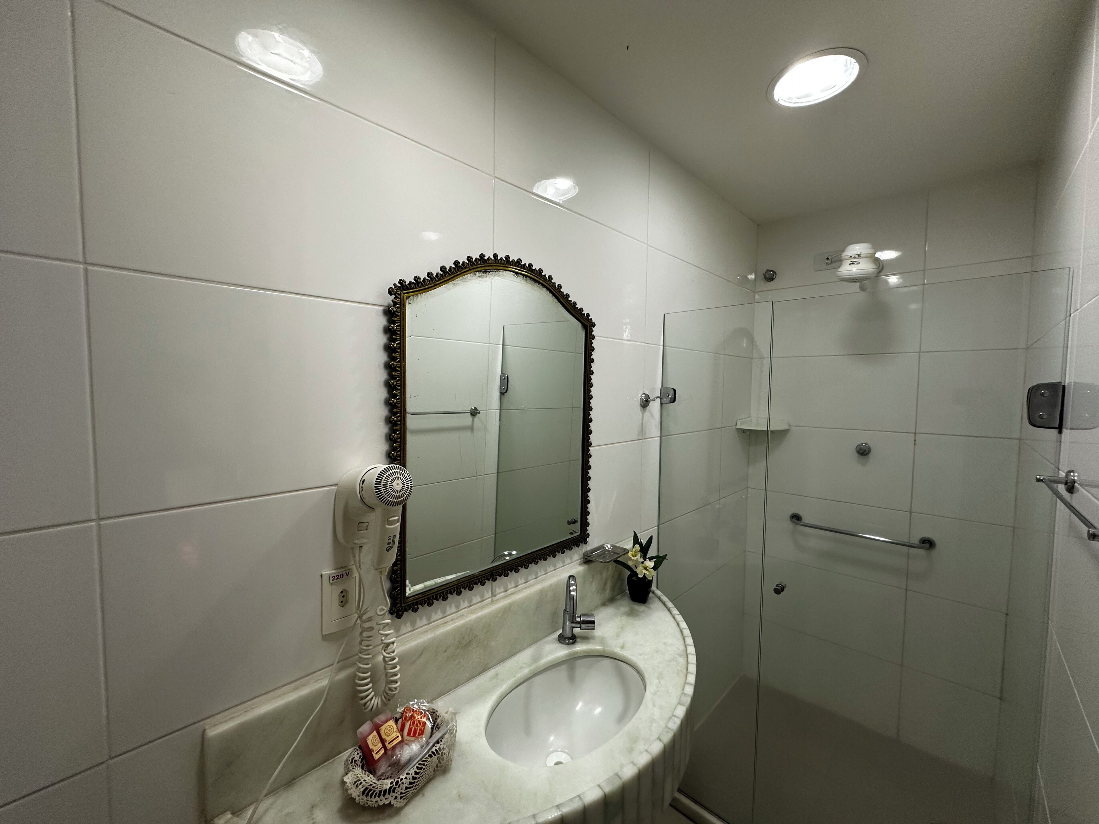 A bathroom with a white sink, a mirror with a decorative frame, a hairdryer, and a shower area.