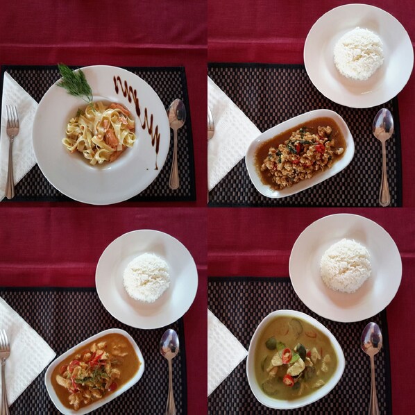 A table with four dishes: pasta, stir-fry, rice, and soup.