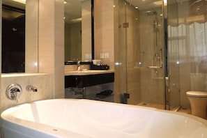 Un baño moderno con una bañera grande, una ducha con cerramiento de vidrio y un tocador con espejo.