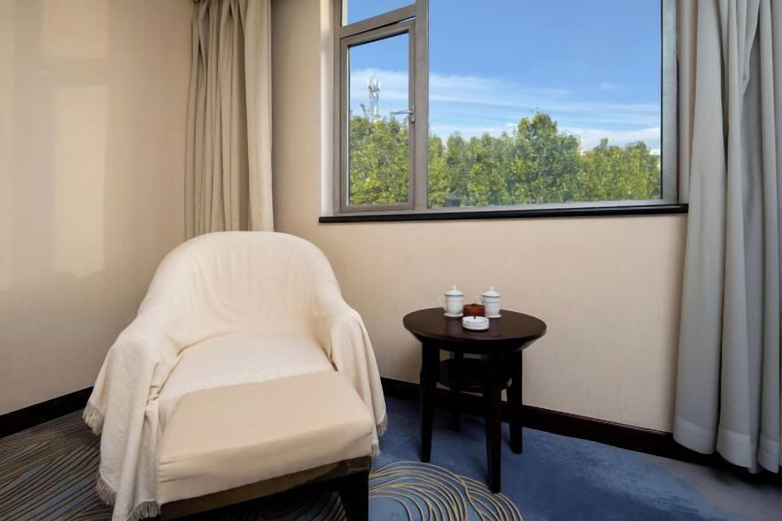 Habitación de hotel con una cama individual, una mesita redonda con un juego de té y una ventana con vistas a árboles.
