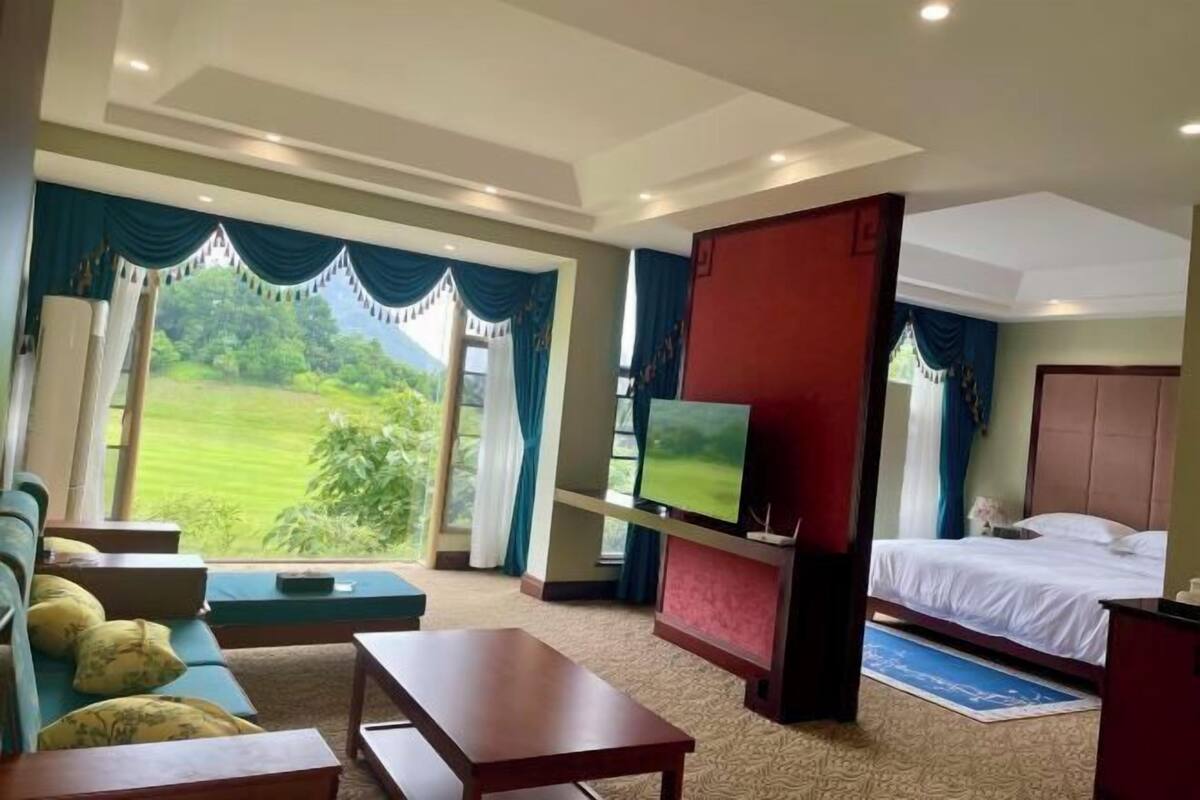 A hotel room with a bed, a TV, a sofa, and a view of a green landscape.