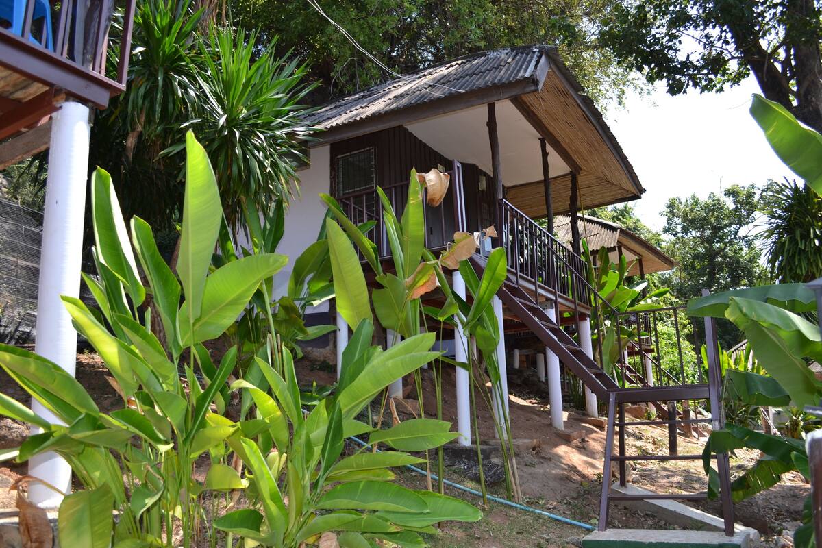 A house with a porch, a staircase, and lush greenery.