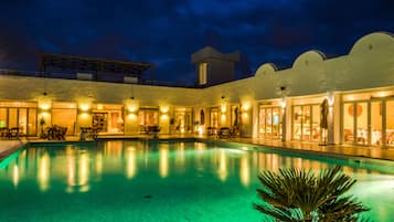 Outdoor pool, pool umbrellas, pool loungers