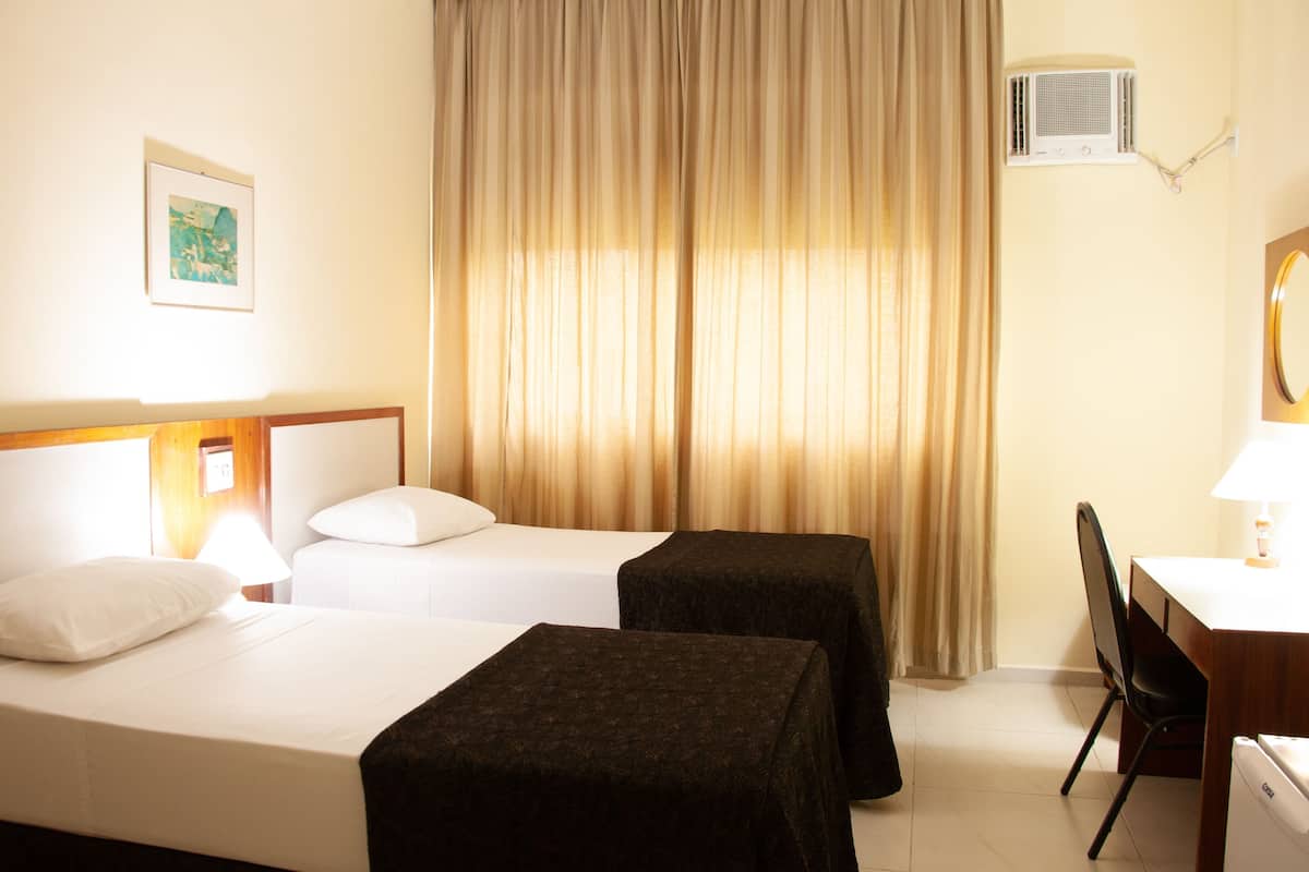 Desk, laptop workspace, blackout curtains, free WiFi