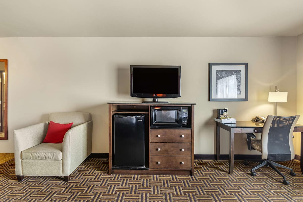 Une chambre d’hôtel compacte comprenant un coin cuisine, un téléviseur à écran plat, un bureau avec une chaise et un tableau encadré au mur.