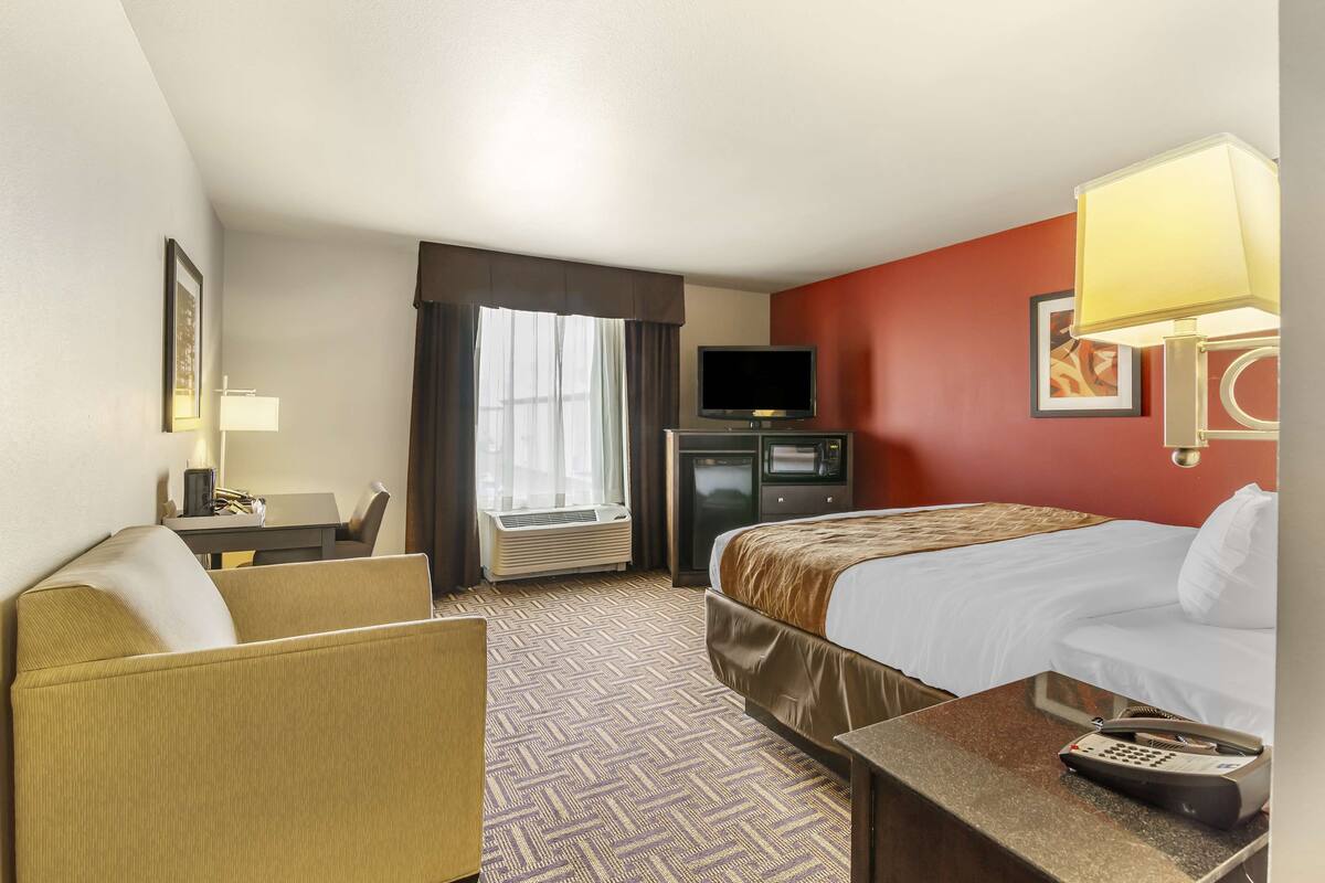 Une chambre d’hôtel avec un lit, un bureau, une télévision et une fenêtre avec des rideaux.