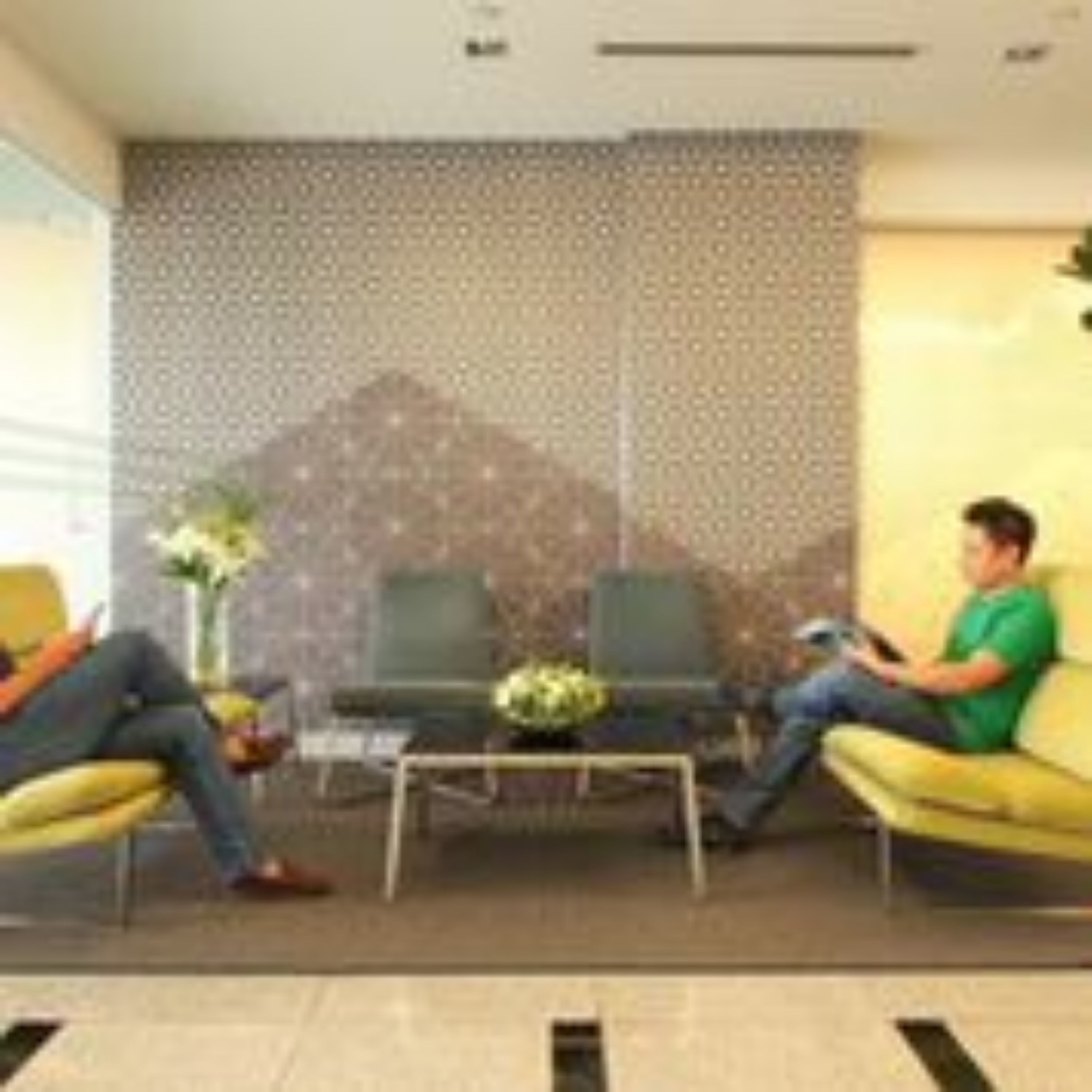 Una sala de estar moderna con dos sofás, una mesa de centro y una pared con estampado.