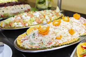 Breakfast, lunch, dinner served; international cuisine