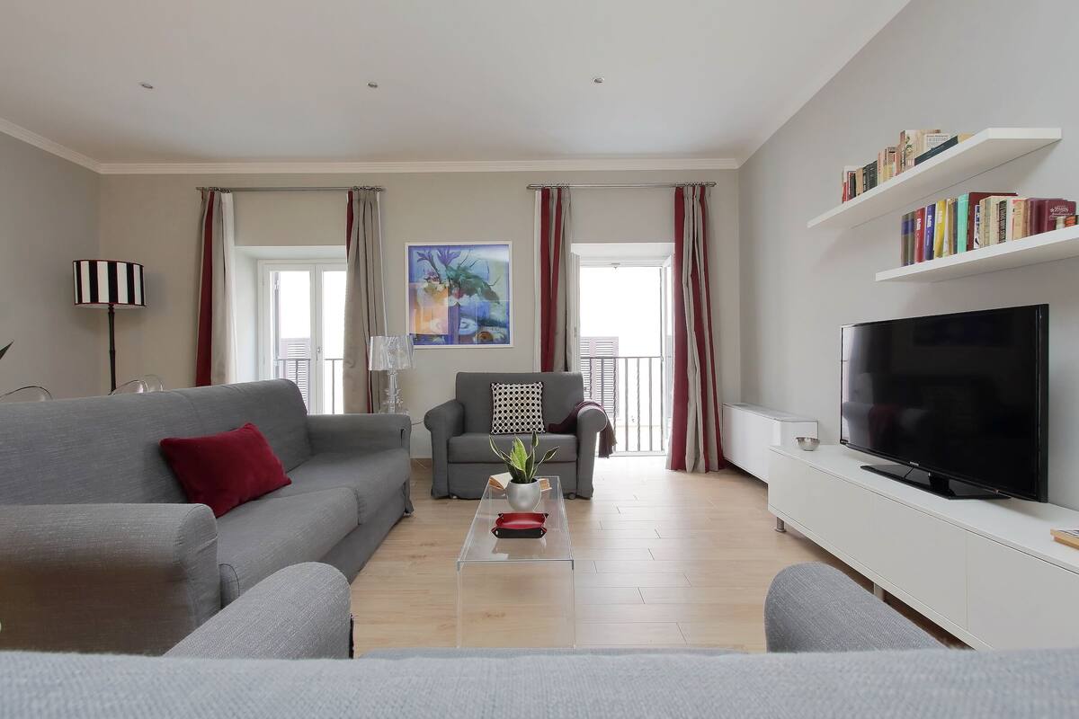 A modern living room with a grey sofa, a red cushion, a coffee table with a plant, a bookshelf, and a flat-screen TV.