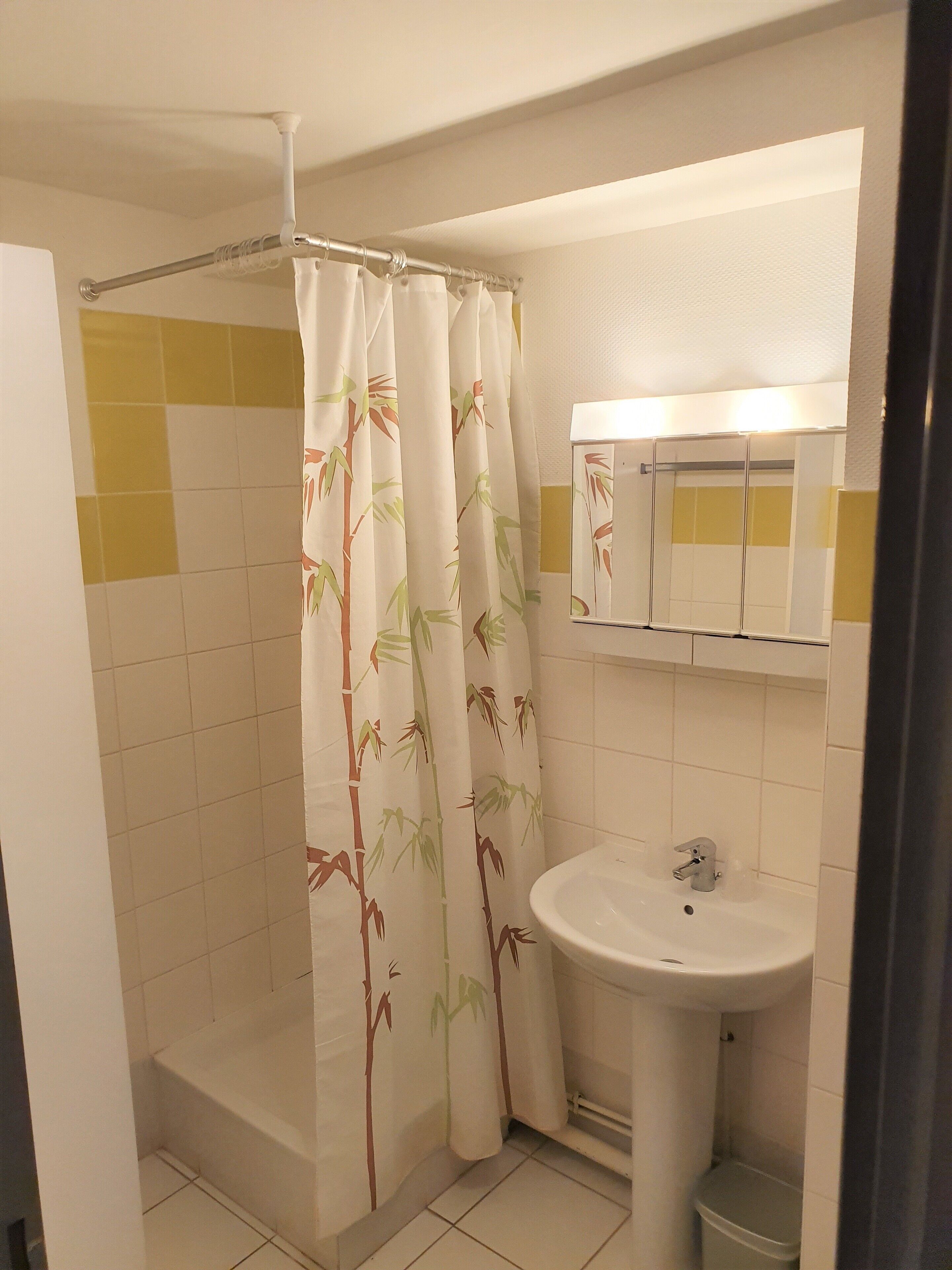 A bathroom with a shower curtain, a sink, and a mirror.