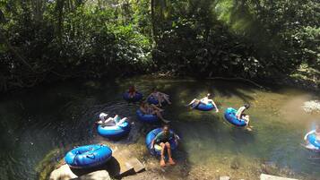 People floating on blue inner tubes in a river surrounded by dense greenery.